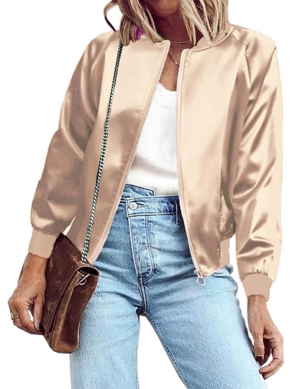 Women's Khaki Bomber Jacket Lightweight Zip Up Windbreaker with Pockets
